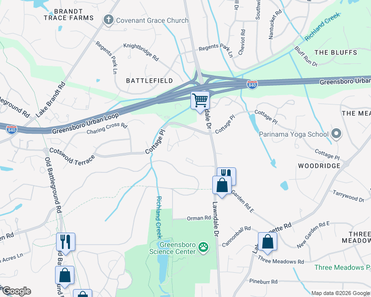 map of restaurants, bars, coffee shops, grocery stores, and more near 4517 Lawndale Drive in Greensboro