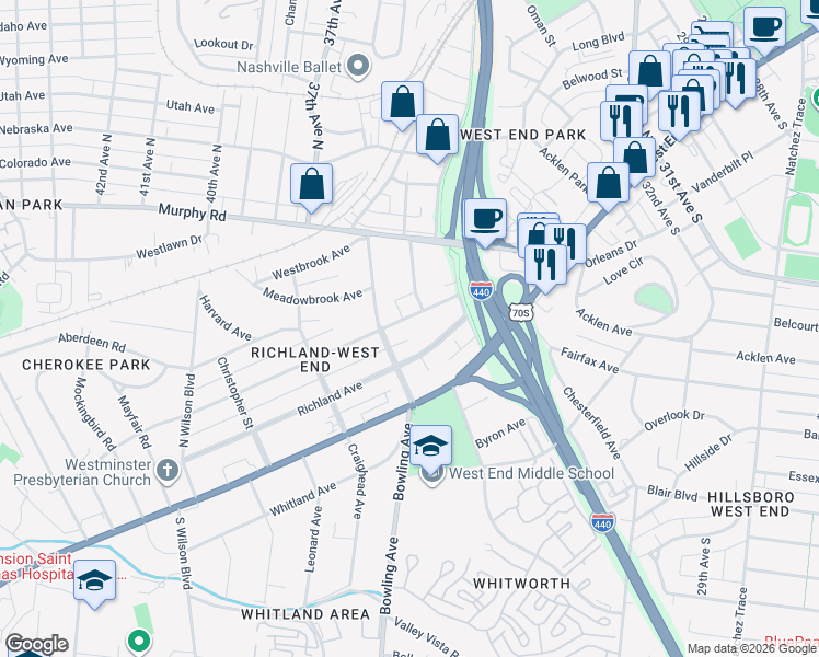 map of restaurants, bars, coffee shops, grocery stores, and more near 3516 Richland Avenue in Nashville