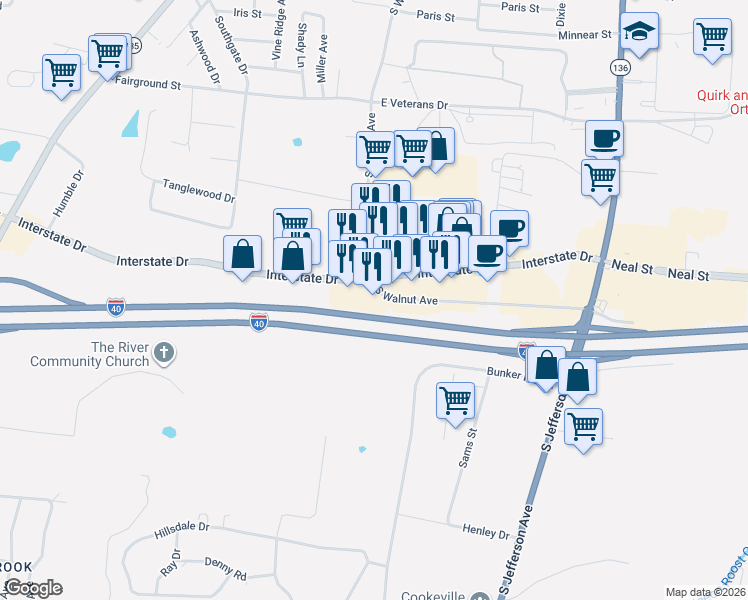 map of restaurants, bars, coffee shops, grocery stores, and more near 1063 South Walnut Avenue in Cookeville