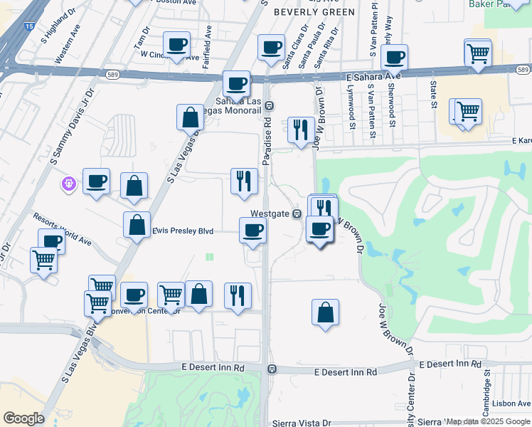map of restaurants, bars, coffee shops, grocery stores, and more near 2857 Paradise Road in Las Vegas