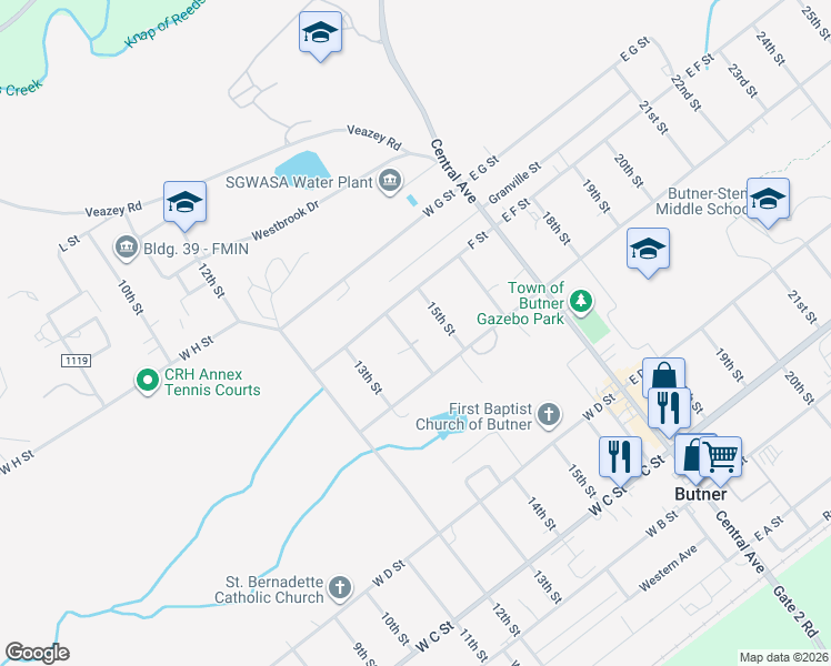 map of restaurants, bars, coffee shops, grocery stores, and more near 603 North 14th Street in Butner