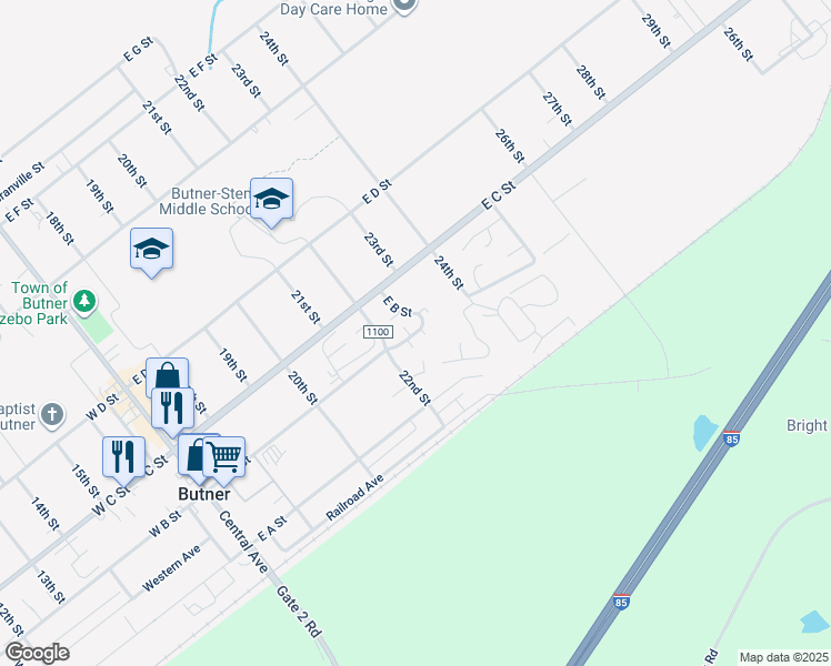 map of restaurants, bars, coffee shops, grocery stores, and more near 600 East B Street in Butner