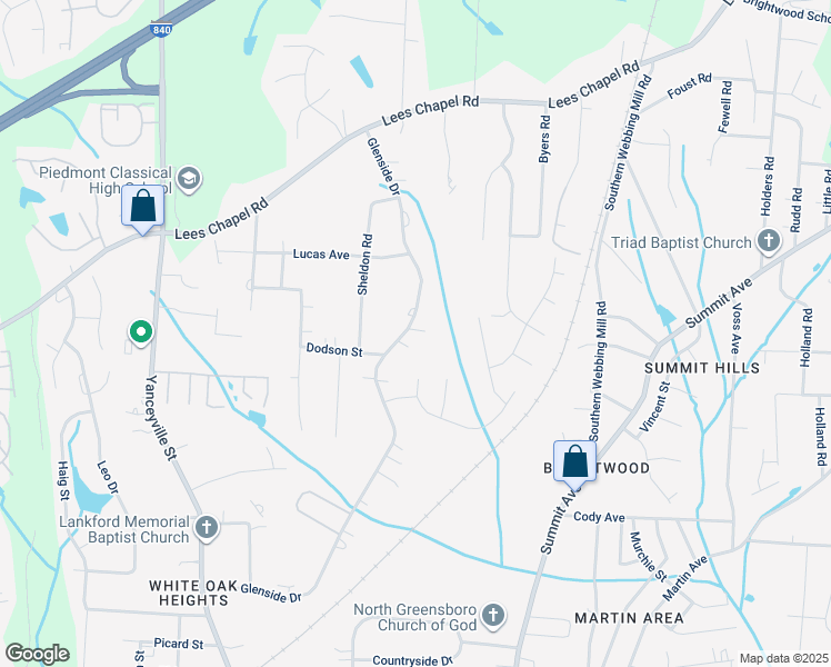 map of restaurants, bars, coffee shops, grocery stores, and more near 1910 Glenside Drive in Greensboro