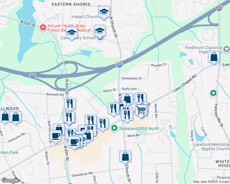 map of restaurants, bars, coffee shops, grocery stores, and more near 4005 North Church Street in Greensboro