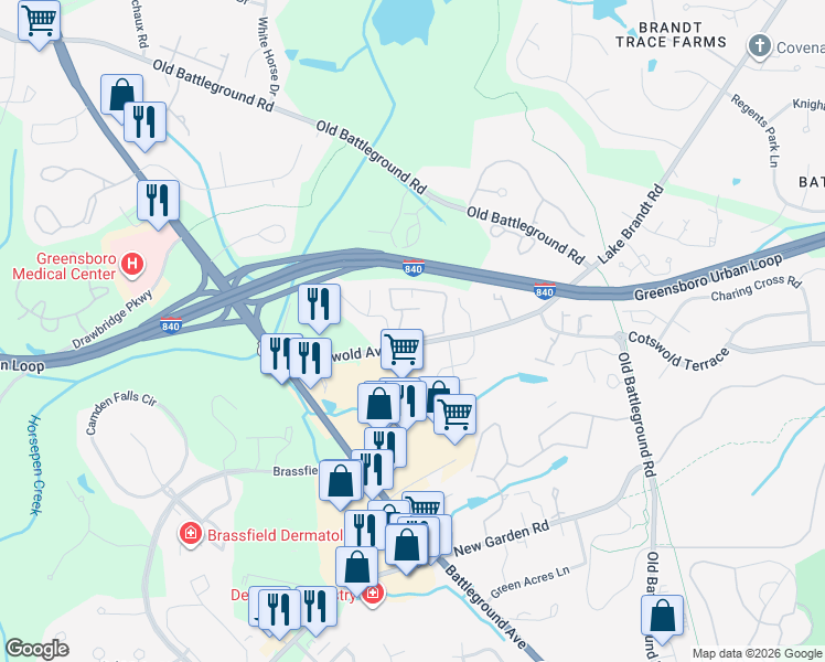map of restaurants, bars, coffee shops, grocery stores, and more near 3820 Cotswold Avenue in Greensboro