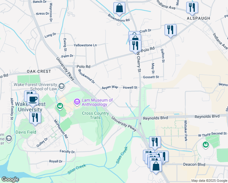 map of restaurants, bars, coffee shops, grocery stores, and more near 1315 University Parkway in Winston-Salem