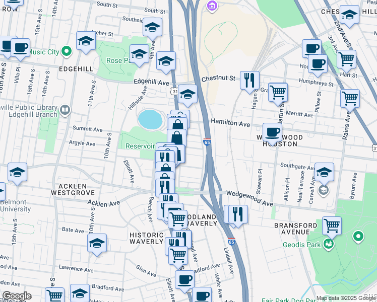 map of restaurants, bars, coffee shops, grocery stores, and more near 758 East Argyle Avenue in Nashville