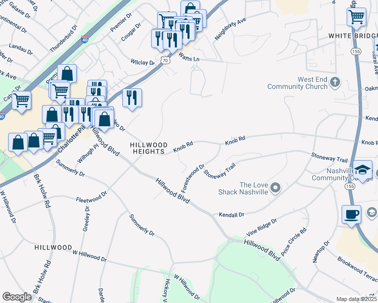 map of restaurants, bars, coffee shops, grocery stores, and more near 5741 Knob Road in Nashville