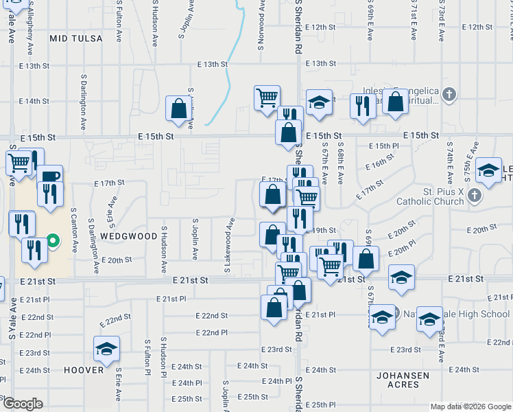map of restaurants, bars, coffee shops, grocery stores, and more near 1753 South Maplewood Avenue in Tulsa