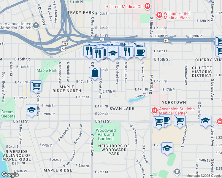 map of restaurants, bars, coffee shops, grocery stores, and more near 1743 South Quincy Avenue in Tulsa