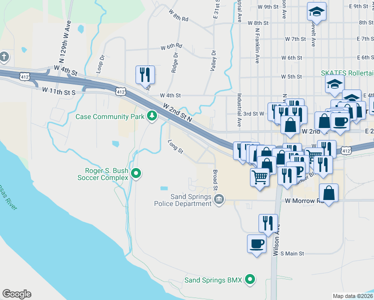 map of restaurants, bars, coffee shops, grocery stores, and more near 820 East 23rd Street in Sand Springs