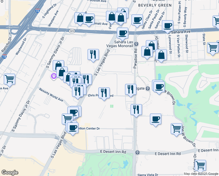map of restaurants, bars, coffee shops, grocery stores, and more near 2857 Paradise Road in Las Vegas