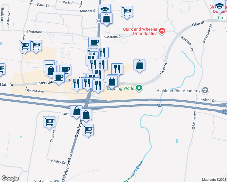 map of restaurants, bars, coffee shops, grocery stores, and more near 400 Dubois Road in Cookeville