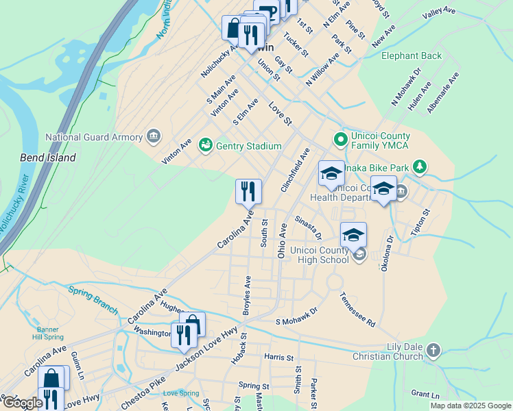 map of restaurants, bars, coffee shops, grocery stores, and more near 1 Carolina Avenue in Erwin
