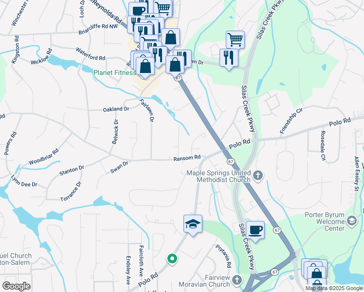 map of restaurants, bars, coffee shops, grocery stores, and more near 2621 Wyman Road in Winston-Salem