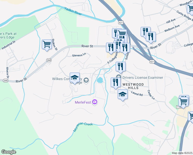 map of restaurants, bars, coffee shops, grocery stores, and more near Moravian Creek in Wilkesboro