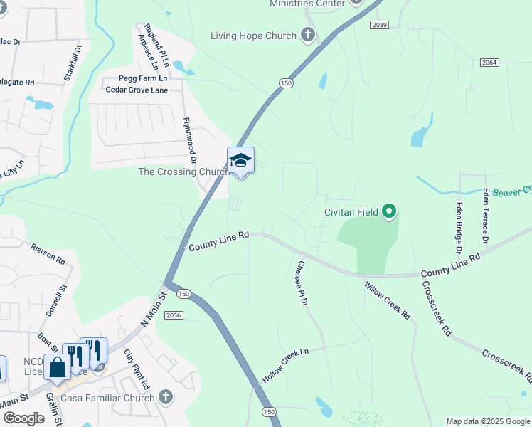 map of restaurants, bars, coffee shops, grocery stores, and more near 9471 County Line Road in Kernersville