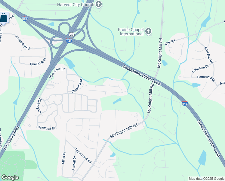 map of restaurants, bars, coffee shops, grocery stores, and more near 3604 Marksbury Drive in Greensboro