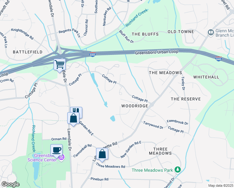 map of restaurants, bars, coffee shops, grocery stores, and more near 2533 Cottage Place in Greensboro