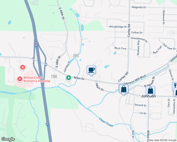 map of restaurants, bars, coffee shops, grocery stores, and more near 3600 Johnson Mill Boulevard in Springdale