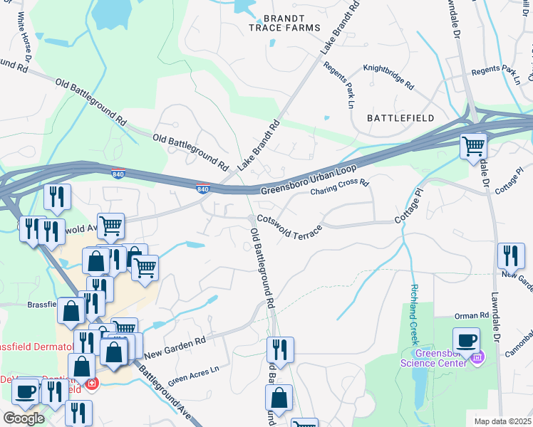 map of restaurants, bars, coffee shops, grocery stores, and more near 3609 Cotswold Terrace in Greensboro