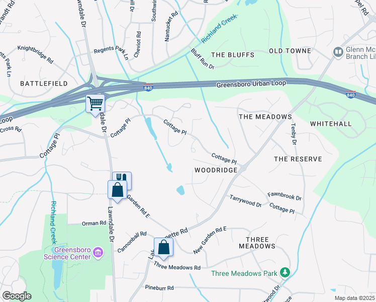 map of restaurants, bars, coffee shops, grocery stores, and more near 2533 Cottage Place in Greensboro
