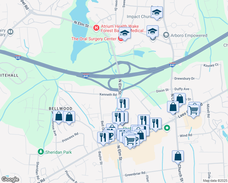 map of restaurants, bars, coffee shops, grocery stores, and more near 3803 North Elm Street in Greensboro