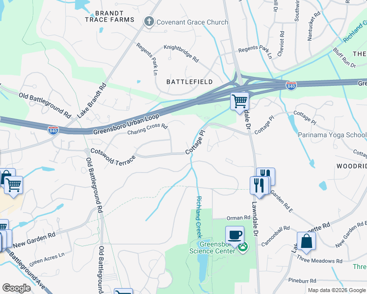 map of restaurants, bars, coffee shops, grocery stores, and more near 3307 Cottage Place in Greensboro