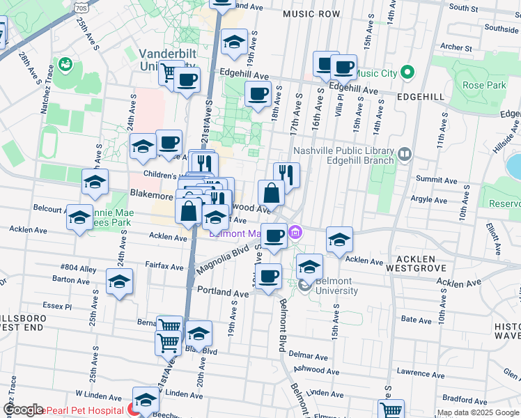 map of restaurants, bars, coffee shops, grocery stores, and more near Wedgewood Ave & 18th Ave S in Nashville