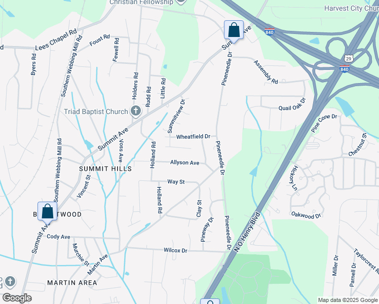 map of restaurants, bars, coffee shops, grocery stores, and more near 1922 Wheatfield Court in Greensboro