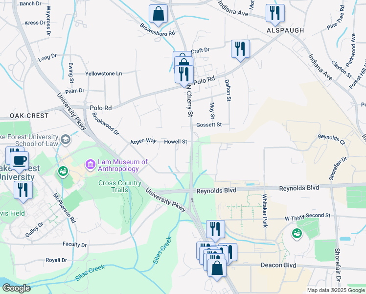 map of restaurants, bars, coffee shops, grocery stores, and more near 301 Aspen Court in Winston-Salem