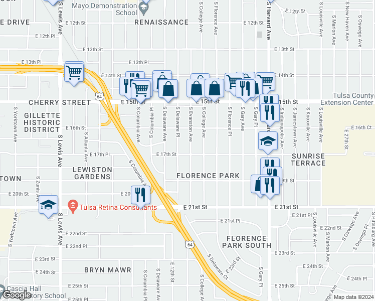 map of restaurants, bars, coffee shops, grocery stores, and more near 1644 South Evanston Avenue in Tulsa