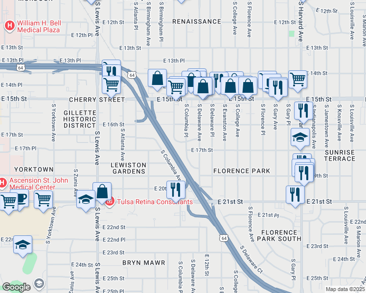 map of restaurants, bars, coffee shops, grocery stores, and more near 1644 South Columbia Place in Tulsa