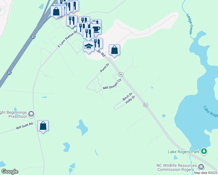 map of restaurants, bars, coffee shops, grocery stores, and more near Mill Stream Circle in Creedmoor