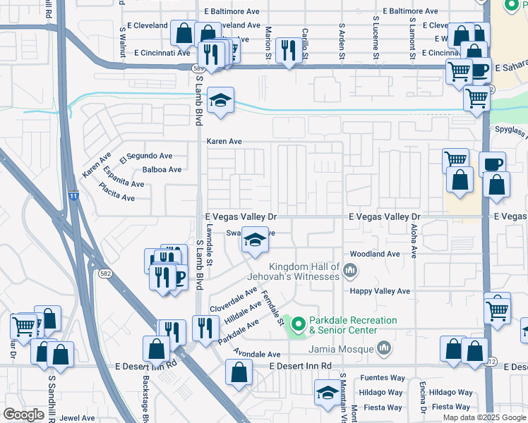 map of restaurants, bars, coffee shops, grocery stores, and more near 4394 Swandale Avenue in Las Vegas