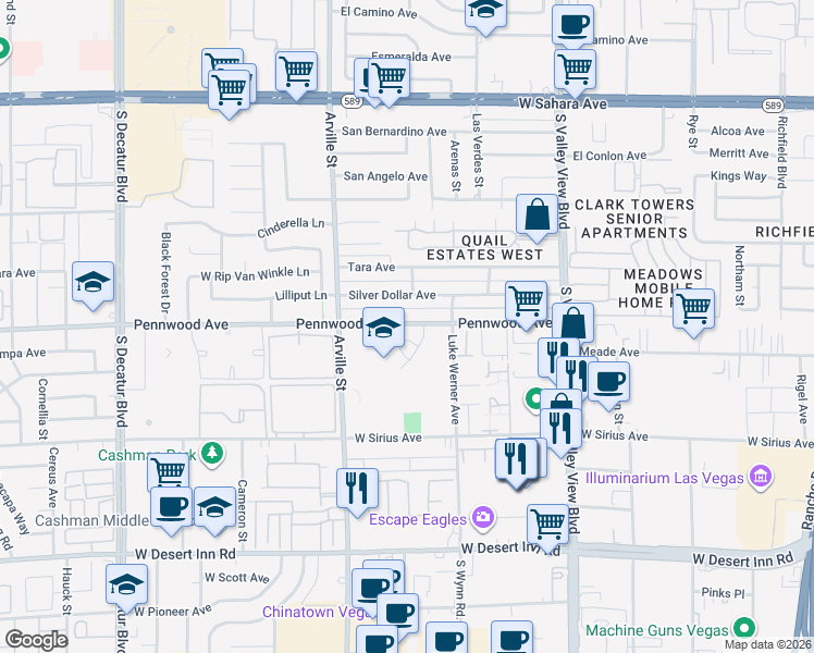 map of restaurants, bars, coffee shops, grocery stores, and more near 4291 Pennwood Avenue in Las Vegas
