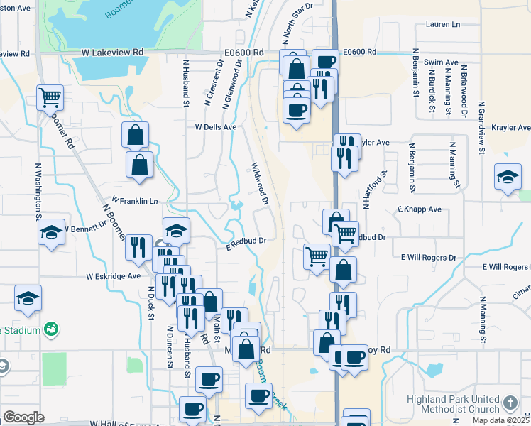 map of restaurants, bars, coffee shops, grocery stores, and more near 5 North Pecan Drive in Stillwater