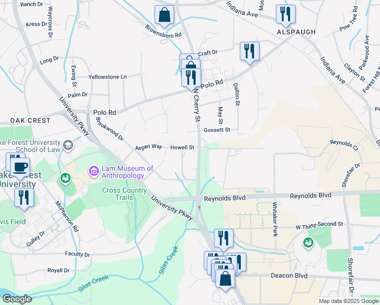 map of restaurants, bars, coffee shops, grocery stores, and more near 301 Aspen Court in Winston-Salem