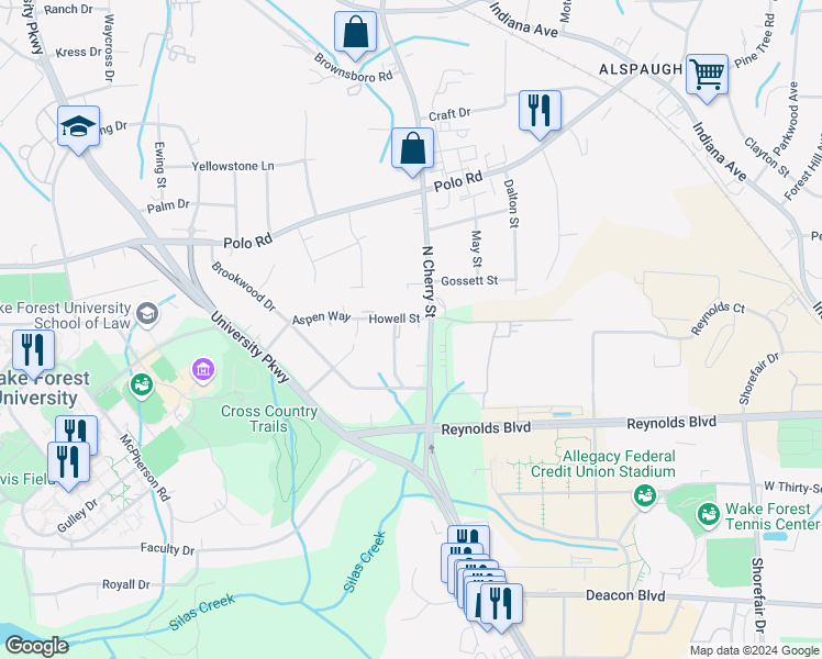 map of restaurants, bars, coffee shops, grocery stores, and more near 302 Aspen Court in Winston-Salem