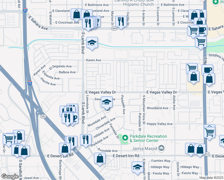 map of restaurants, bars, coffee shops, grocery stores, and more near 4396 East Vegas Valley Drive in Las Vegas