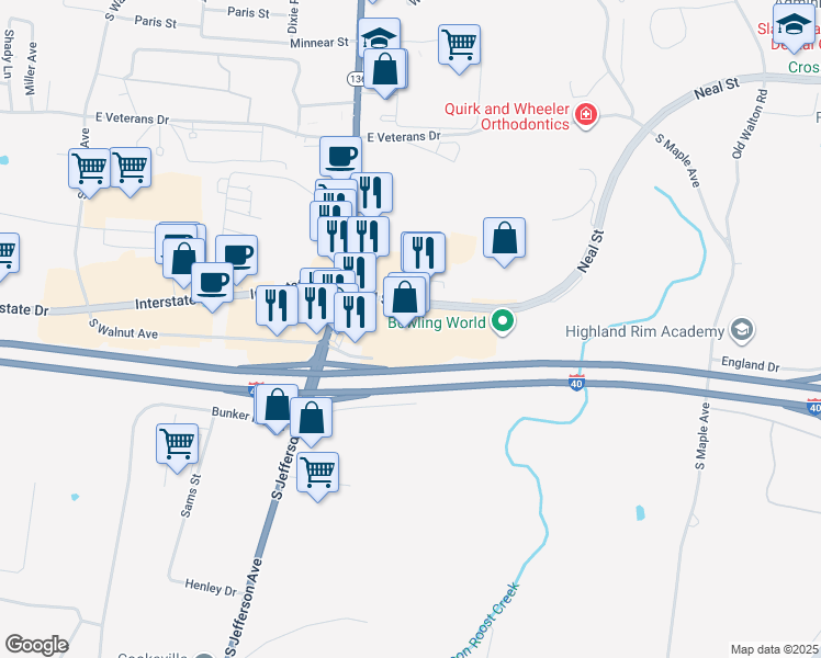 map of restaurants, bars, coffee shops, grocery stores, and more near 400 Dubois Road in Cookeville