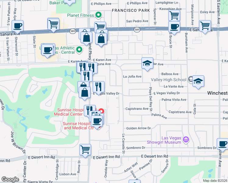 map of restaurants, bars, coffee shops, grocery stores, and more near 1420 East Vegas Valley Drive in Las Vegas