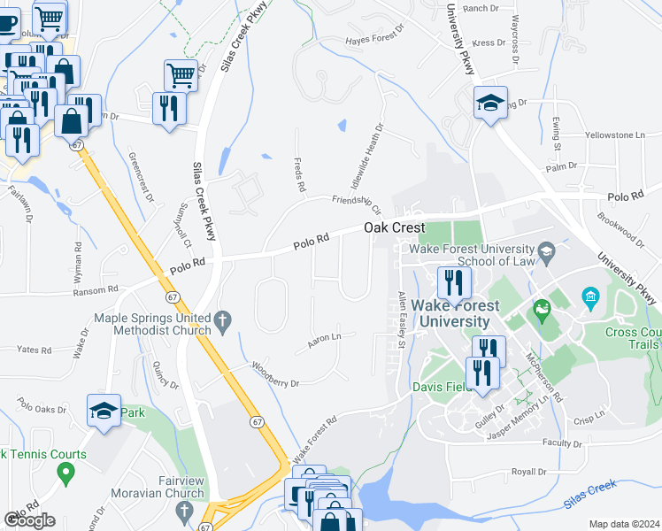 map of restaurants, bars, coffee shops, grocery stores, and more near 153 Rosedale Circle in Winston-Salem