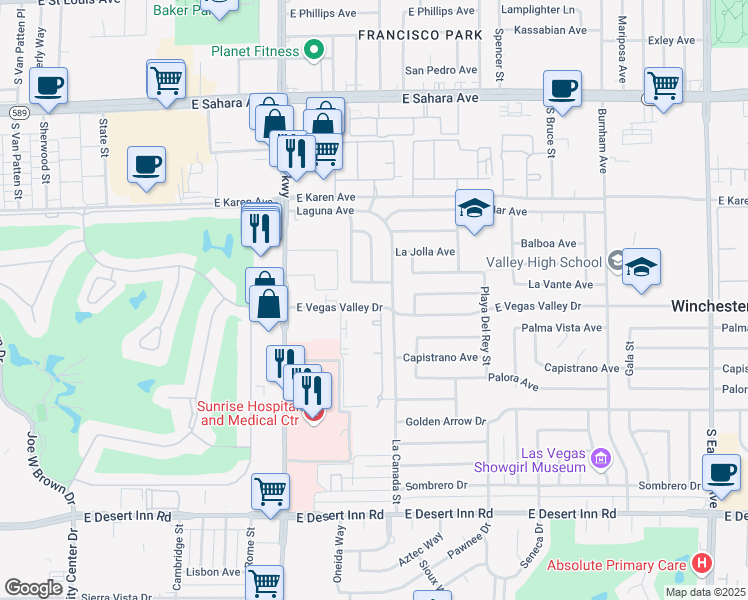 map of restaurants, bars, coffee shops, grocery stores, and more near 1440 East Vegas Valley Drive in Las Vegas