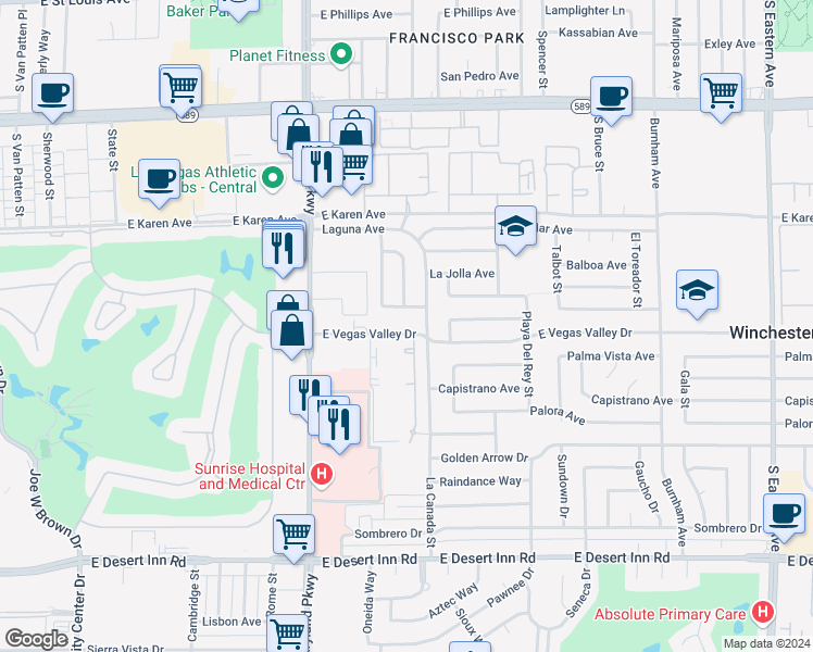 map of restaurants, bars, coffee shops, grocery stores, and more near 1440 East Vegas Valley Drive in Las Vegas
