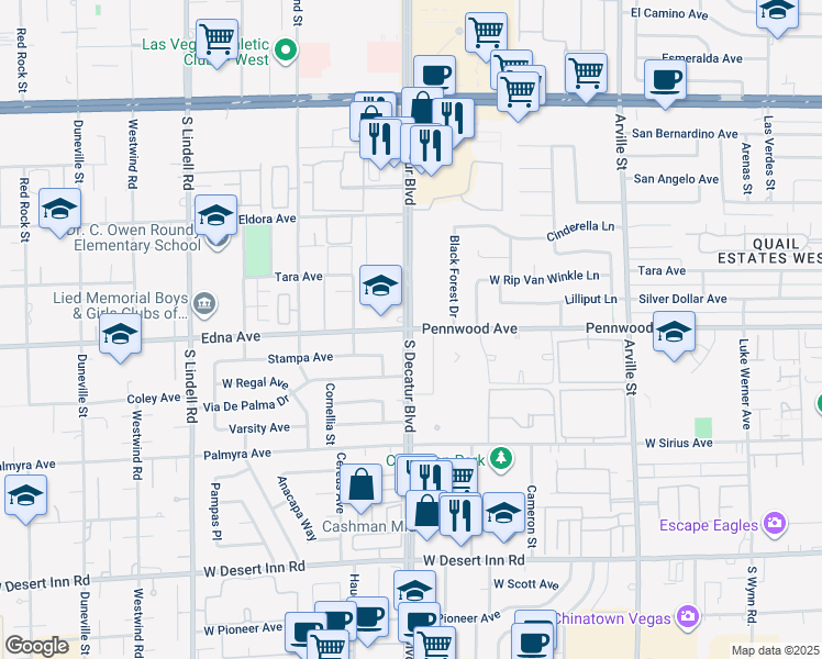map of restaurants, bars, coffee shops, grocery stores, and more near S Decatur Blvd & Pennwood Ave in Las Vegas