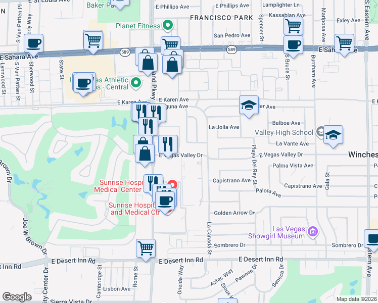 map of restaurants, bars, coffee shops, grocery stores, and more near 1390 East Vegas Valley Drive in Las Vegas