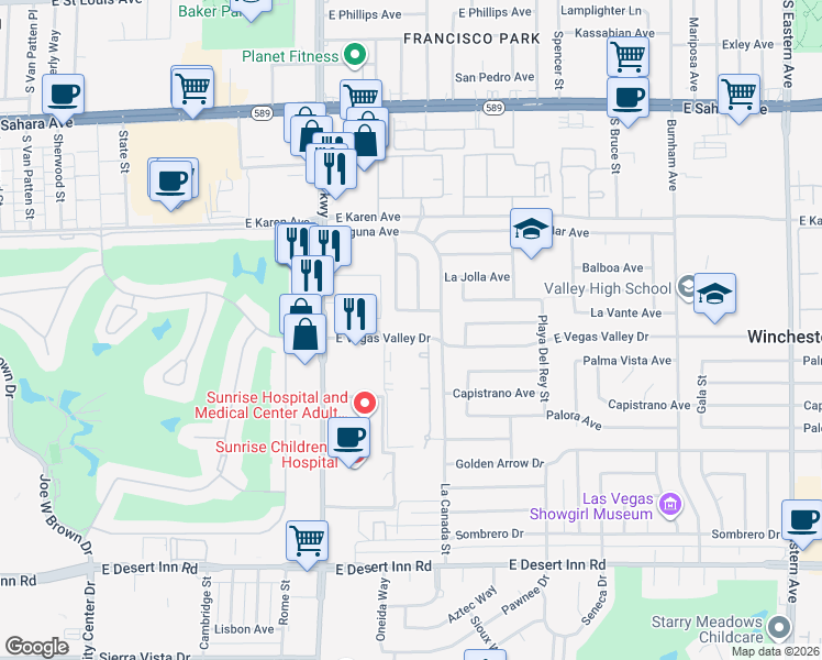 map of restaurants, bars, coffee shops, grocery stores, and more near 2841 Topanga Street in Las Vegas