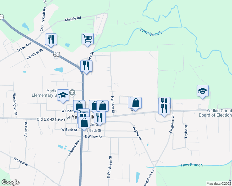 map of restaurants, bars, coffee shops, grocery stores, and more near 304 Harrison Street in Yadkinville