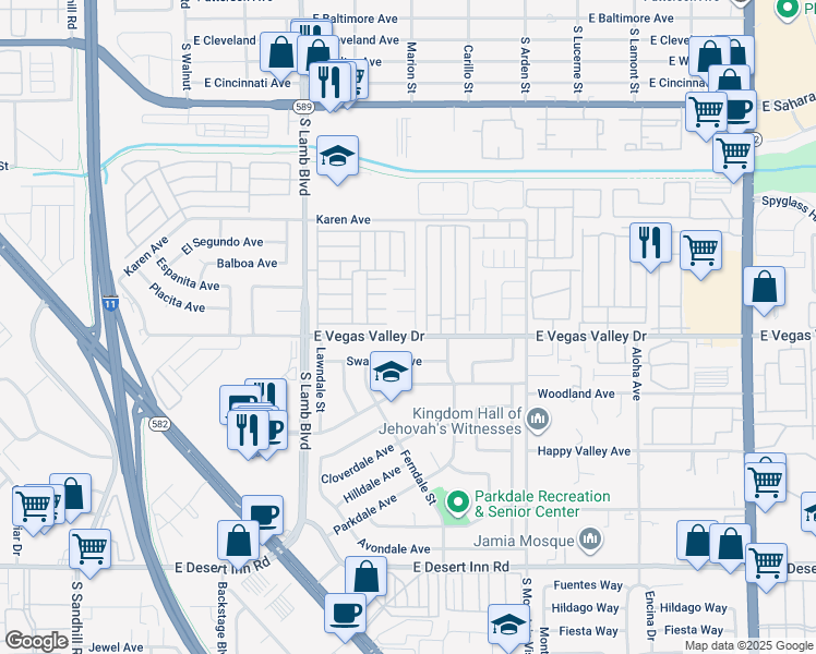 map of restaurants, bars, coffee shops, grocery stores, and more near 4396 East Vegas Valley Drive in Las Vegas